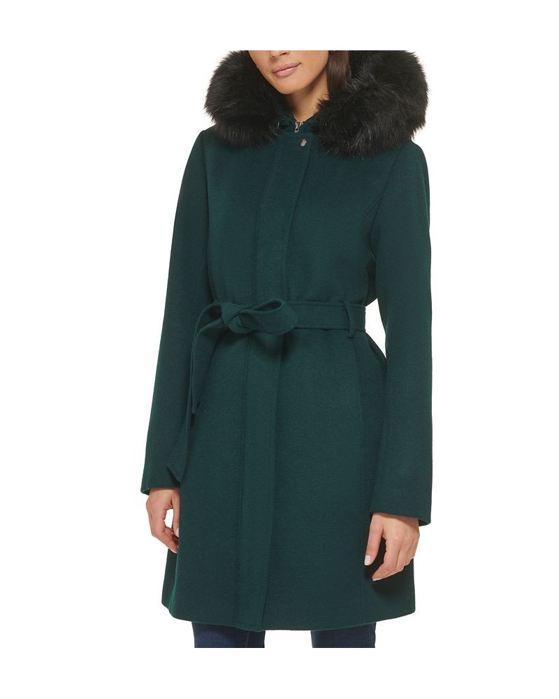Women's Belted Faux-Fur-Trim Hooded Coat Green $100.00 Coats