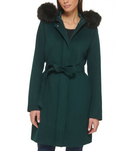Women's Belted Faux-Fur-Trim Hooded Coat Green $100.00 Coats