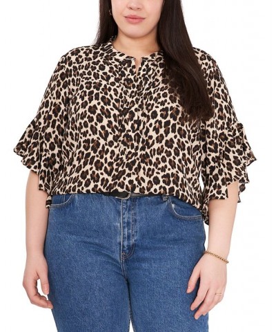 Plus Size Printed Ruffle-Sleeve Henley Top Rich Black $29.98 Tops