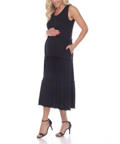 Women's Maternity Scoop Neck Tiered Midi Dress Black $32.64 Dresses