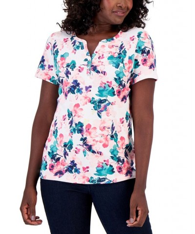 Women's Layered Floral Printed Henley Top Soft Pink $10.99 Tops