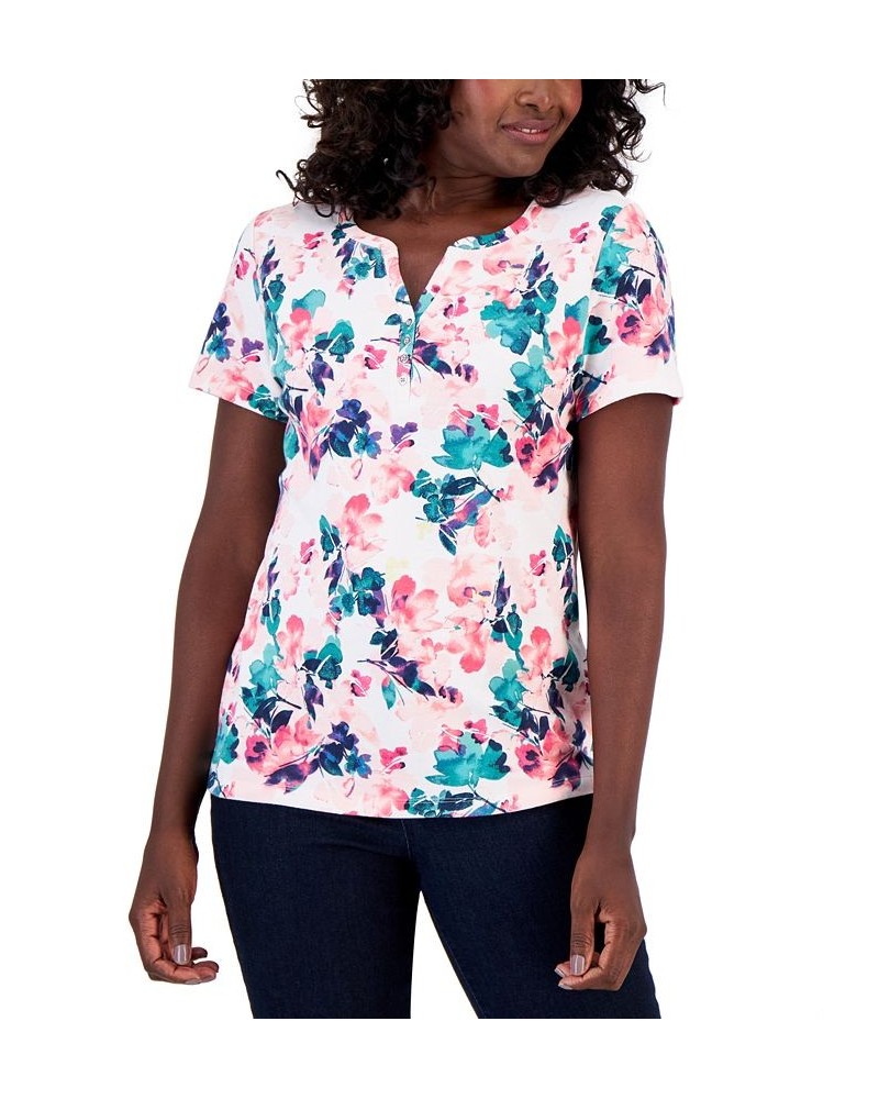 Women's Layered Floral Printed Henley Top Soft Pink $10.99 Tops