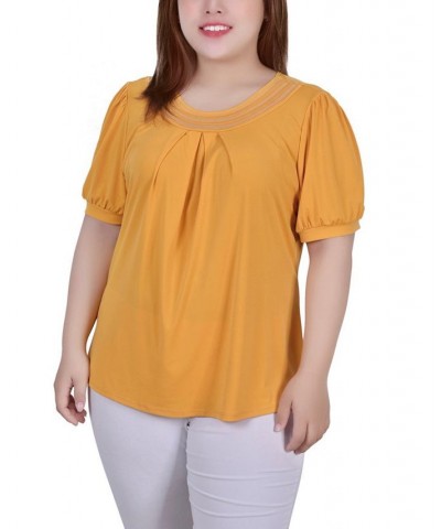 Plus Size Short Puff Sleeve Sheer Inset Top Gold $13.52 Tops