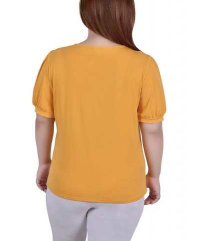Plus Size Short Puff Sleeve Sheer Inset Top Gold $13.52 Tops