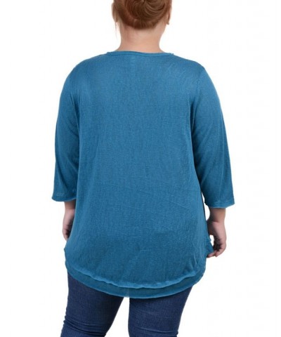 Plus Size 3/4 Sleeve V-Neck Tunic Blue $14.60 Tops