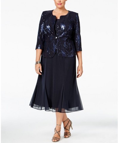 Plus Size Sequined Chiffon Dress and Jacket Navy $87.15 Dresses