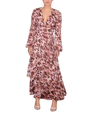 Women's Fatima Metallic Printed Tiered Maxi Dress Mauve Animal $35.60 Dresses