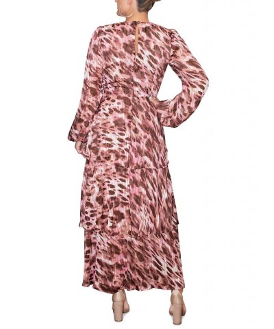 Women's Fatima Metallic Printed Tiered Maxi Dress Mauve Animal $35.60 Dresses