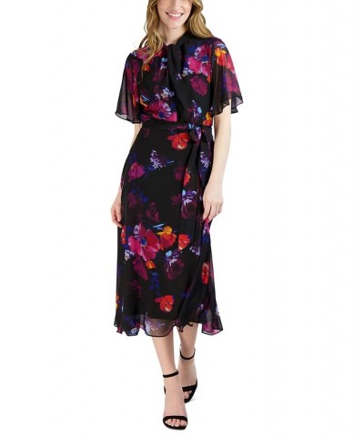 Women's Floral-Print Belted Flutter-Sleeve Dress Black Multi $39.99 Dresses