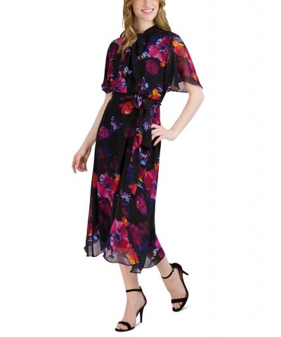 Women's Floral-Print Belted Flutter-Sleeve Dress Black Multi $39.99 Dresses