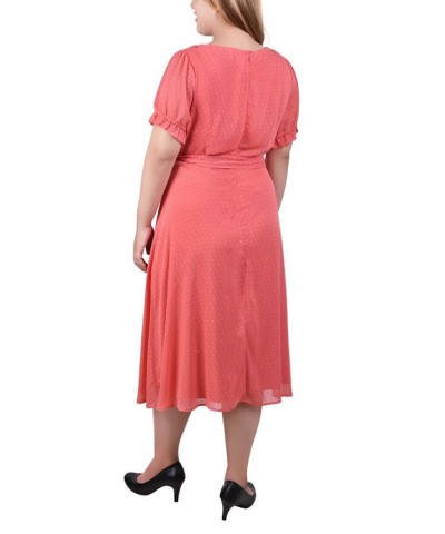 Plus Size Short Sleeve Belted Swiss Dot Dress Oil Green Rectangle $19.59 Dresses