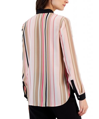 Women's Striped Collarless Hidden Placket Shirt Cherry Blossom Multi $28.91 Tops