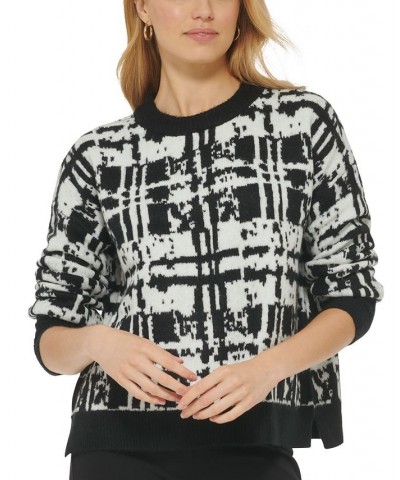 Women's Printed Long-Sleeve Crewneck Jacquard Sweater Black $23.78 Sweaters