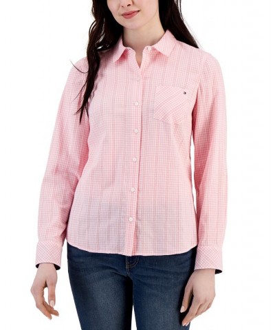 Women's Cotton Roll-Tab Gingham Shirt Pink $20.70 Tops
