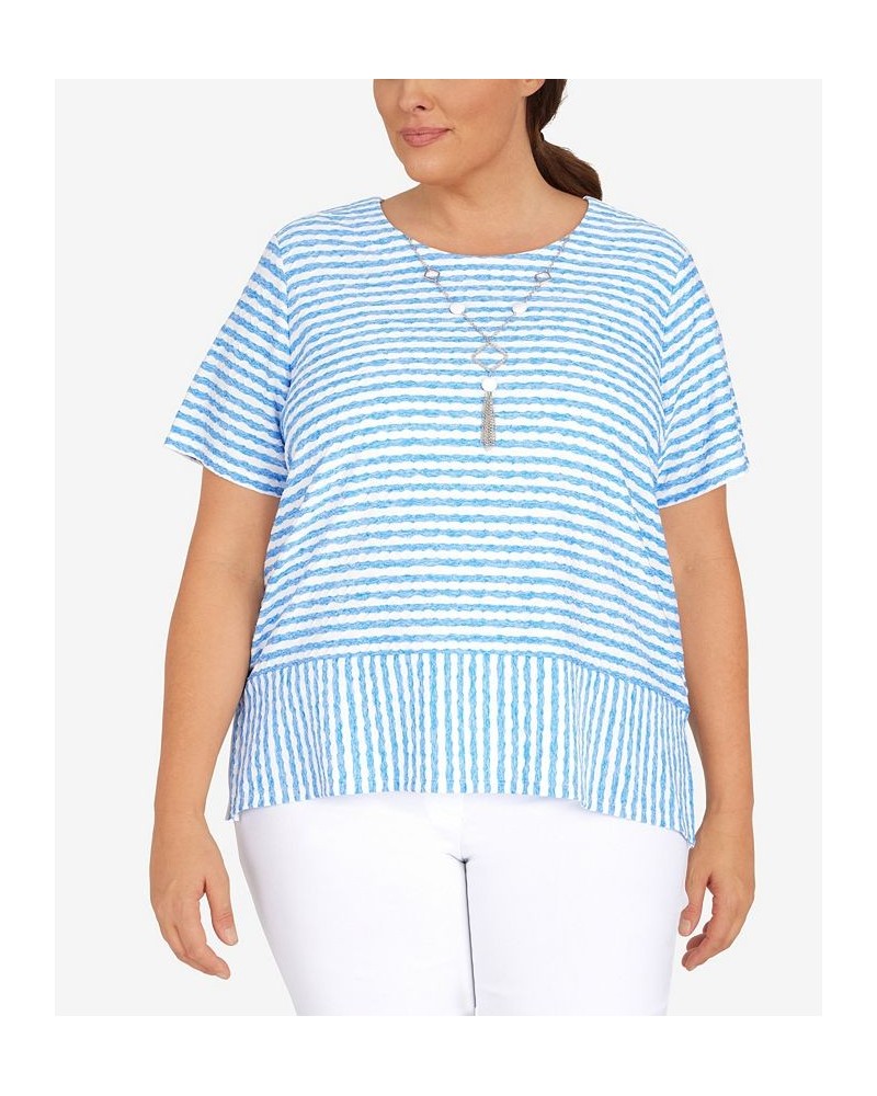 Plus Size Classic Stripe Texture Knit Top with Necklace Blue $34.94 Tops