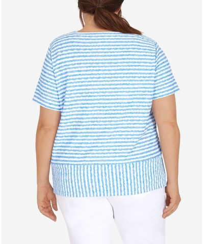Plus Size Classic Stripe Texture Knit Top with Necklace Blue $34.94 Tops